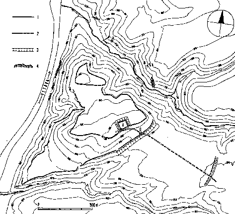Obr. 12 - Pln hradit Zvist v 5. stol. p. Kr.: 1 hradby, 2 cesty, 3 pkopy, 4 skaln tesy, A akropole, D hlavn vstup